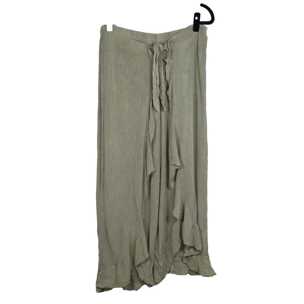 Kiwi Punch Womens XL Wide Slit Leg Ruffle Harem Pants Green Rayon Beach Casual